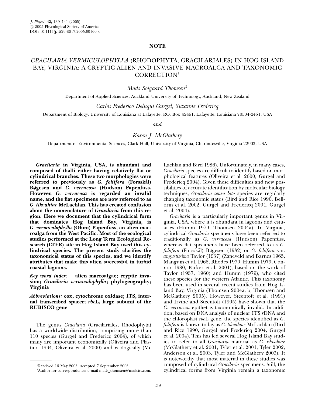 (Rhodophyta, Gracilariales) in Hog Island Bay, Virginia: a Cryptic Alien and Invasive Macroalga and Taxonomic Correction1