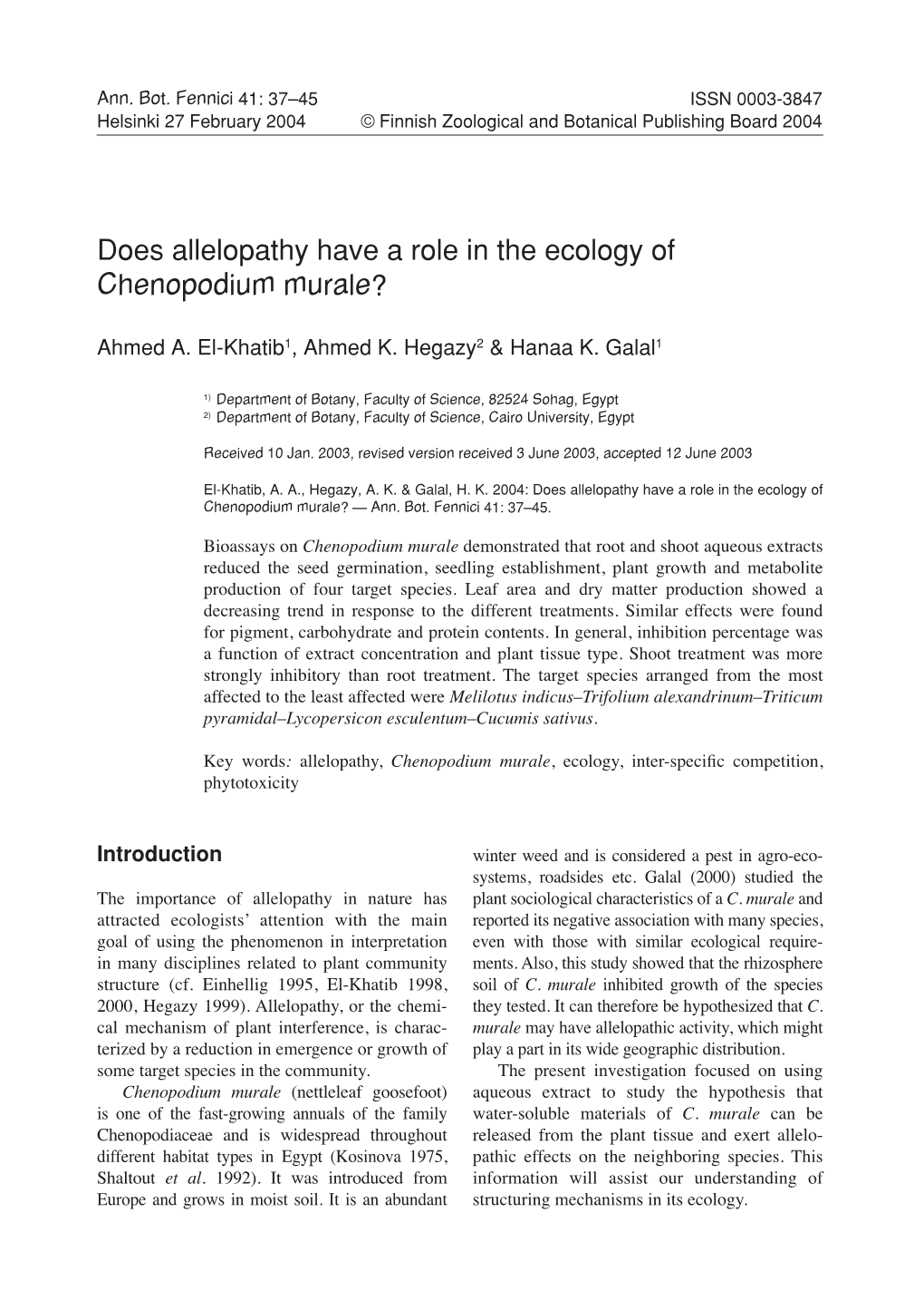 Does Allelopathy Have a Role in the Ecology of Chenopodium Murale?