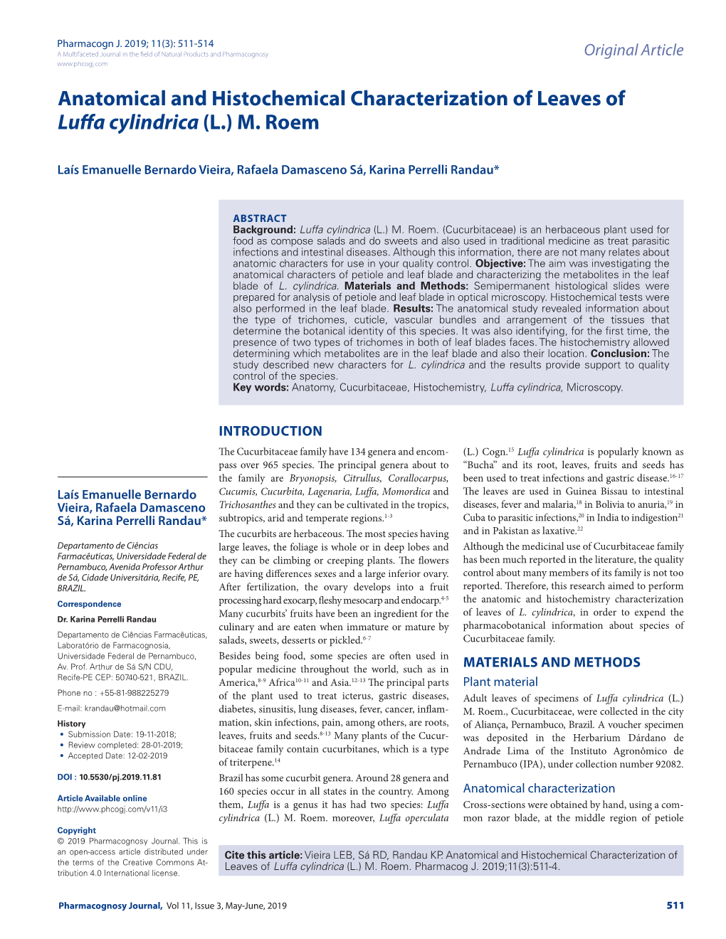 Anatomical and Histochemical Characterization of Leaves of Luffa Cylindrica(L.) M