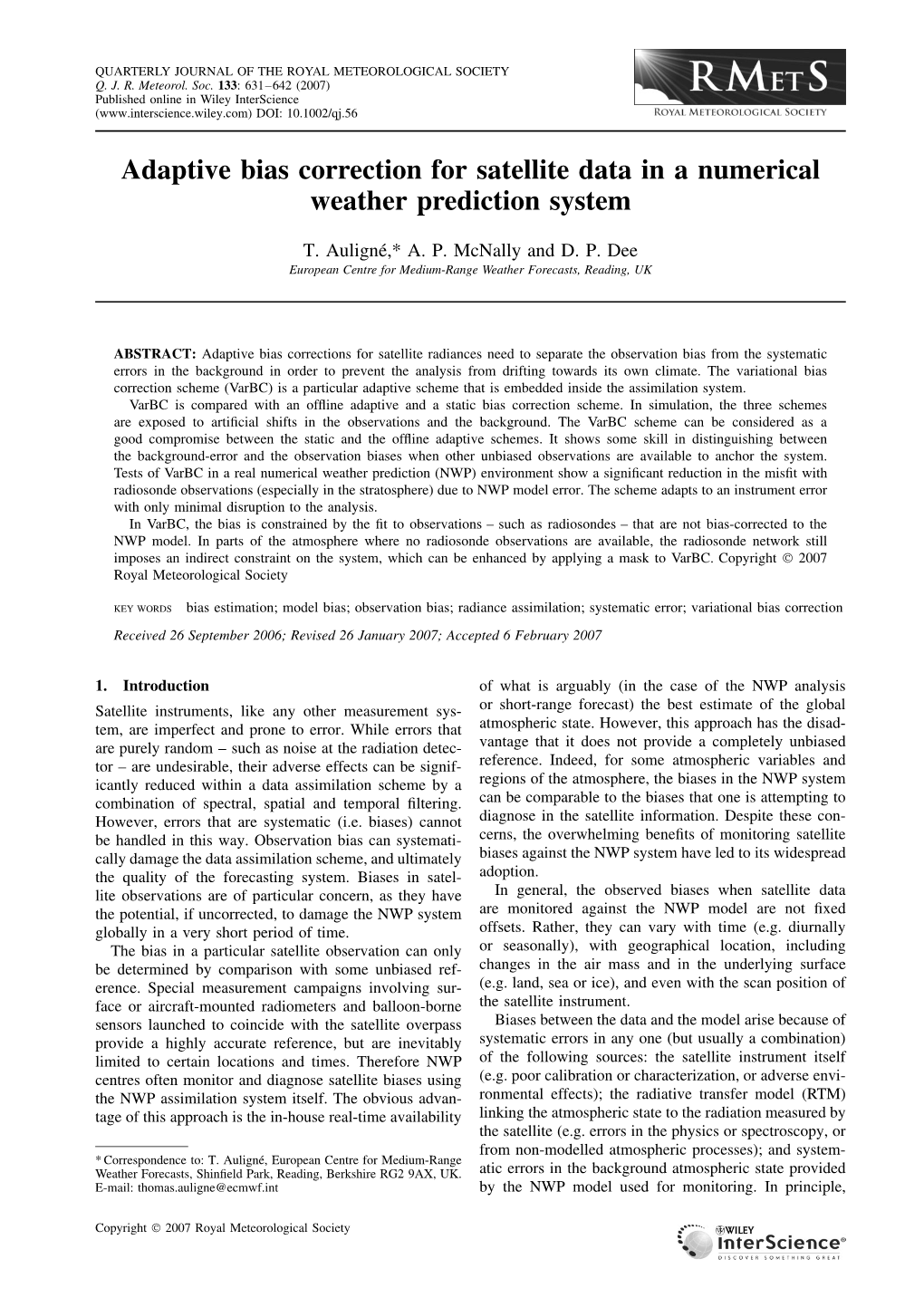 Adaptive Bias Correction for Satellite Data in a Numerical Weather Prediction System