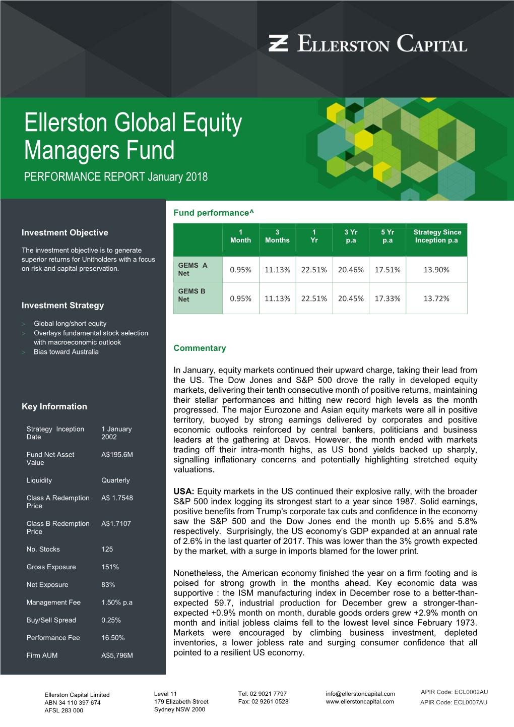 Ellerston Global Equity Managers Fund PERFORMANCE REPORT January 2018