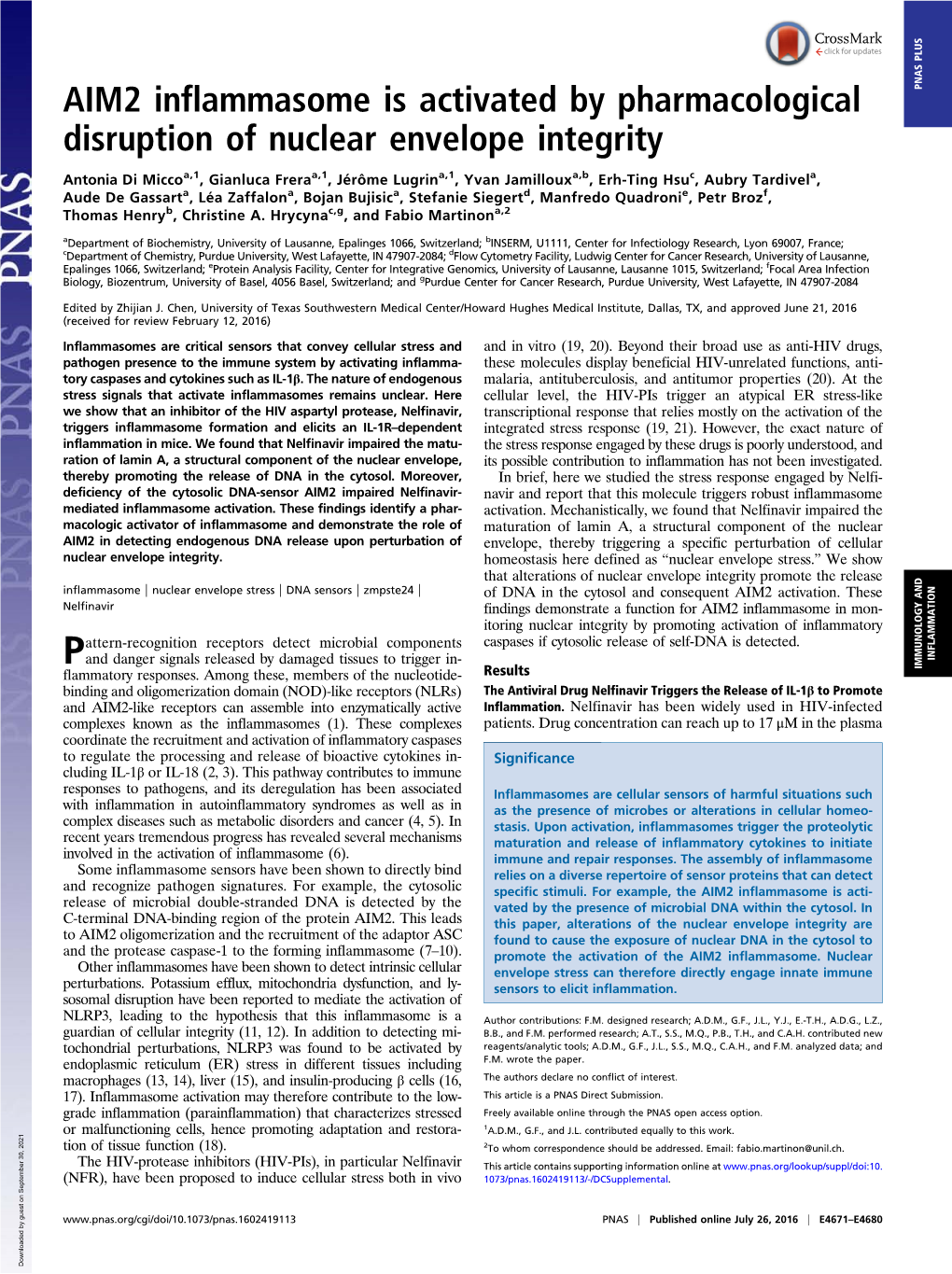 AIM2 Inflammasome Is Activated by Pharmacological Disruption Of