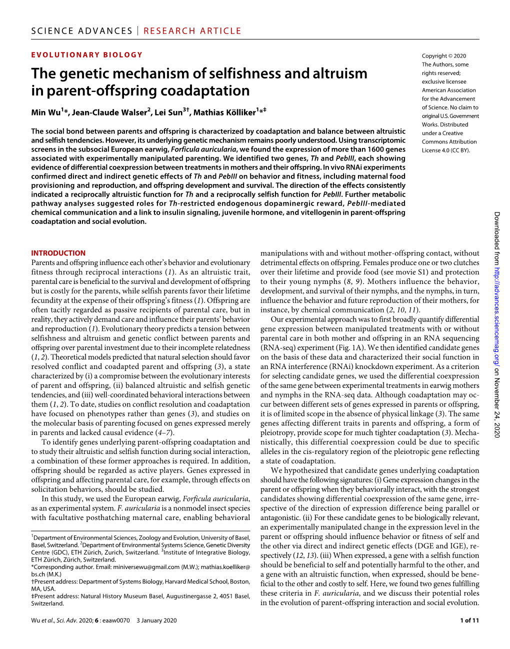 The Genetic Mechanism of Selfishness and Altruism in Parent-Offspring Coadaptation Min Wu, Jean-Claude Walser, Lei Sun and Mathias Kölliker