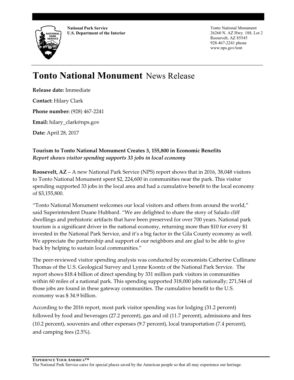 Tonto National Monument News Release