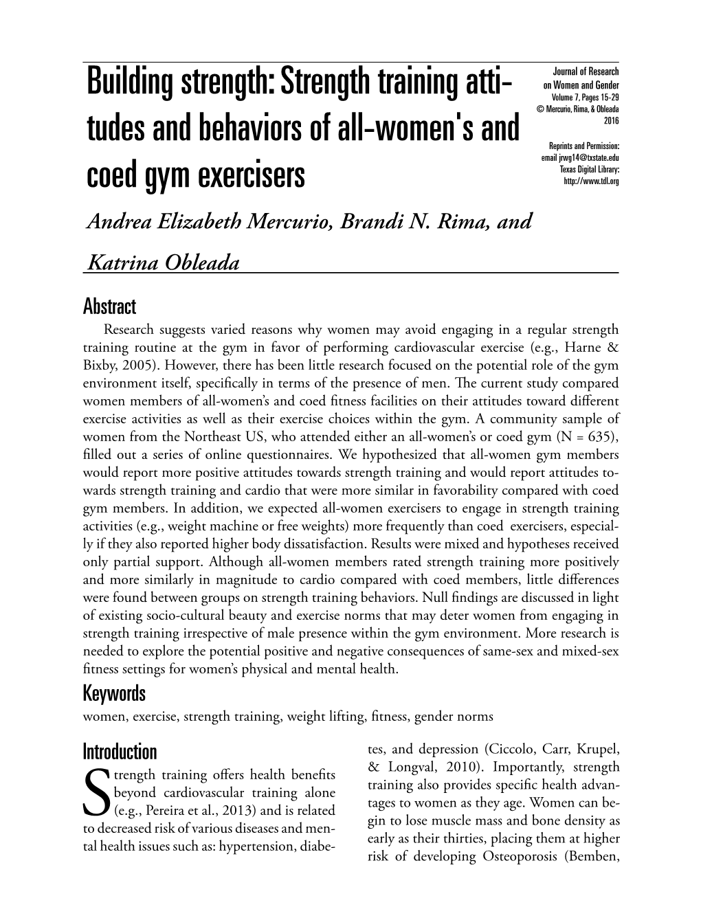 Tudes and Behaviors of All-Women's and Coed Gym Exercisers