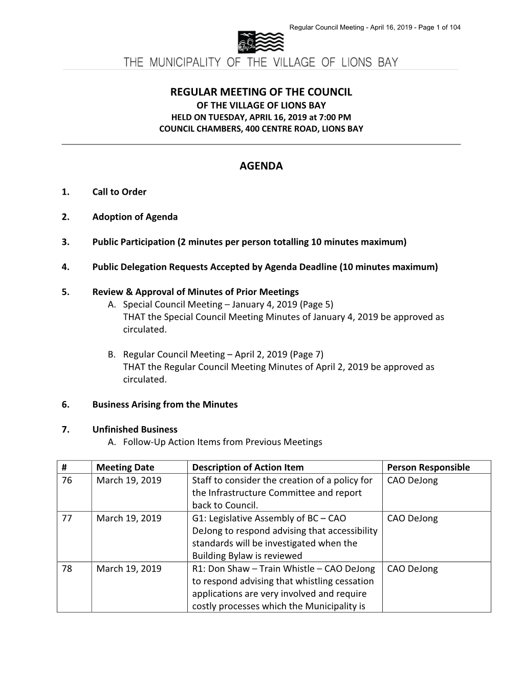 Regular Meeting of the Council Agenda