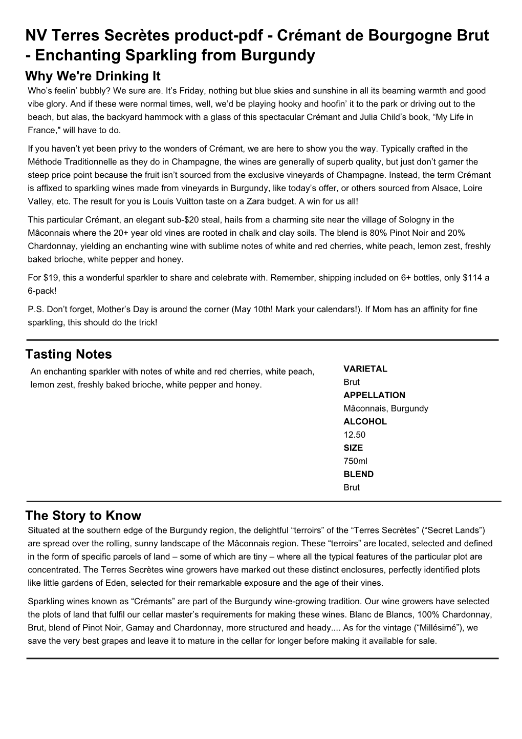 NV Terres Secrètes Product-Pdf - Crémant De Bourgogne Brut - Enchanting Sparkling from Burgundy Why We're Drinking It Who’S Feelin’ Bubbly? We Sure Are