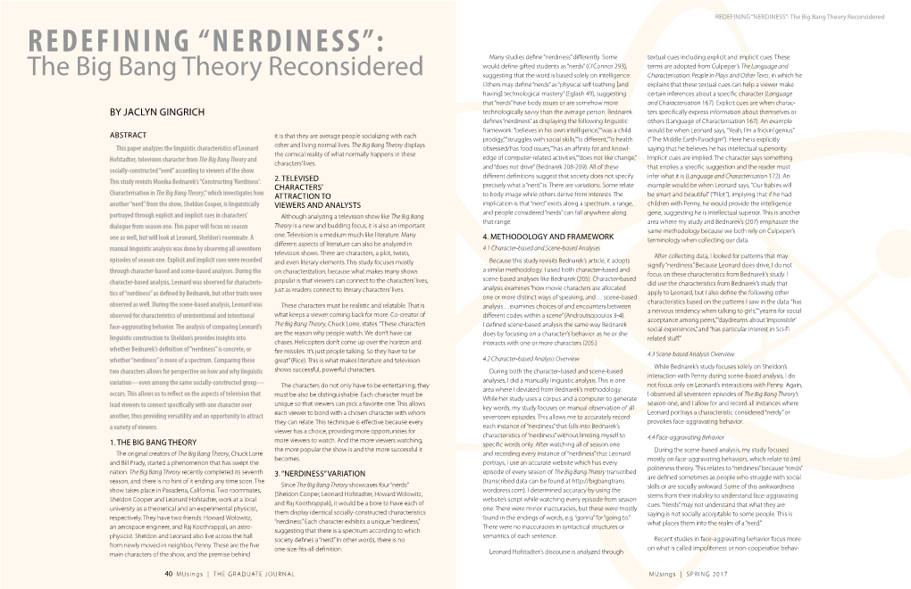 REDEFINING “NERDINESS”: the Big Bang Theory Reconsidered REDEFINING “NERDINESS”: Many Studies Define “Nerdiness” Differently