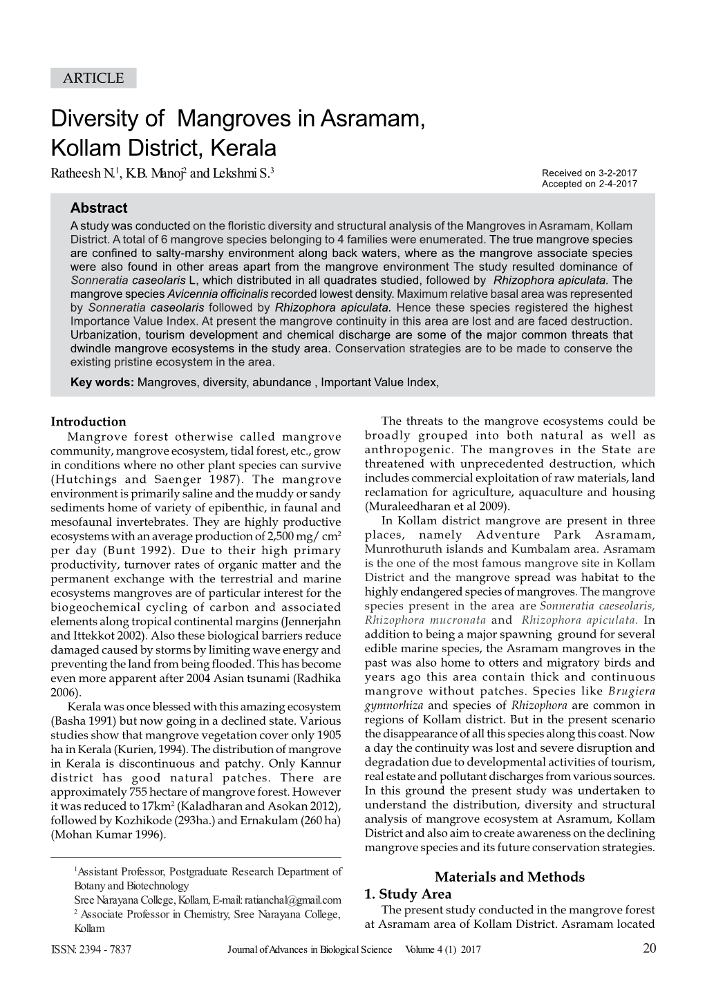 Diversity of Mangroves in Asramam, Kollam District, Kerala Ratheesh N.1, K.B
