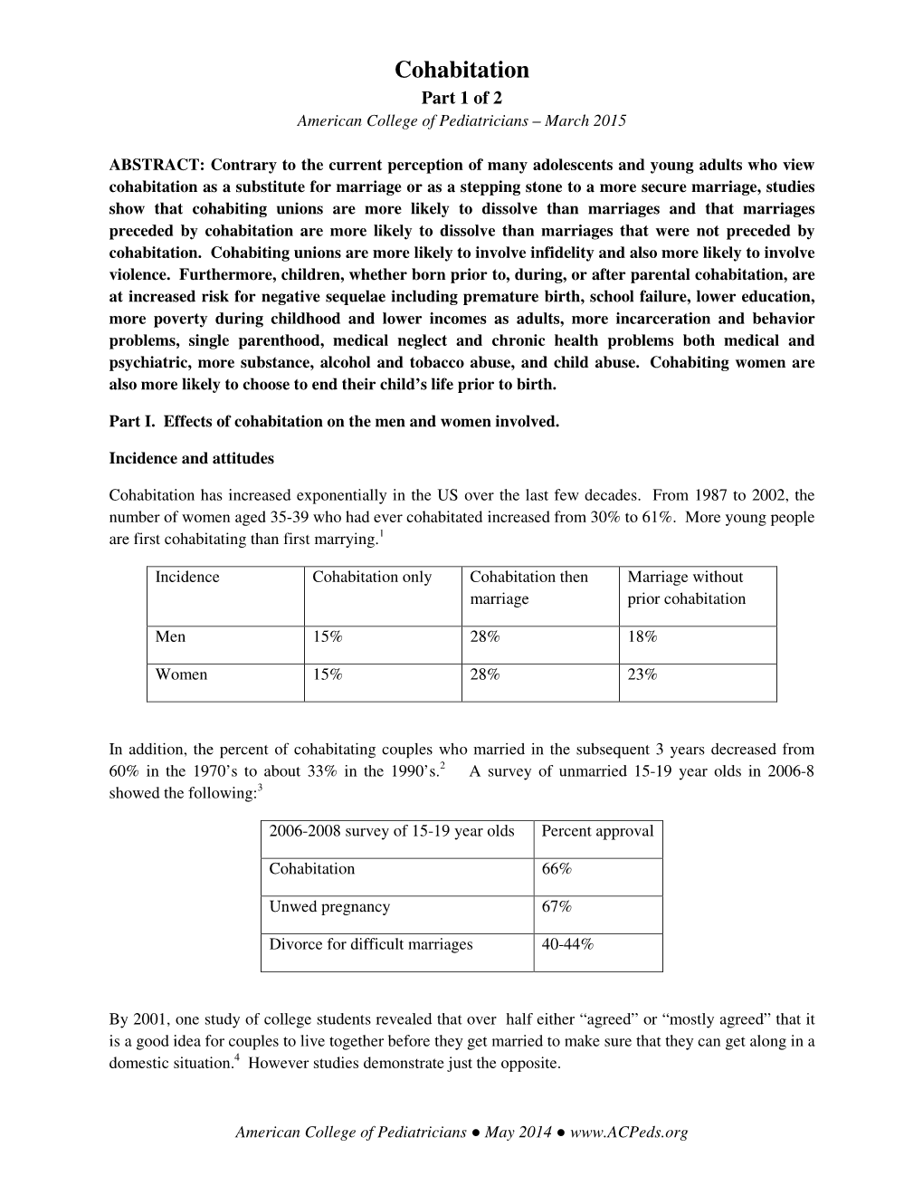 Cohabitation Part 1 of 2 American College of Pediatricians – March 2015