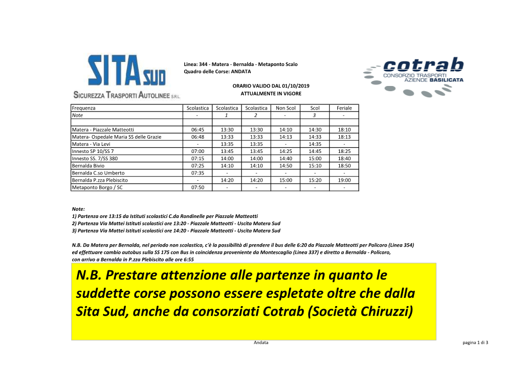 Bernalda - Metaponto Scalo Quadro Delle Corse: ANDATA