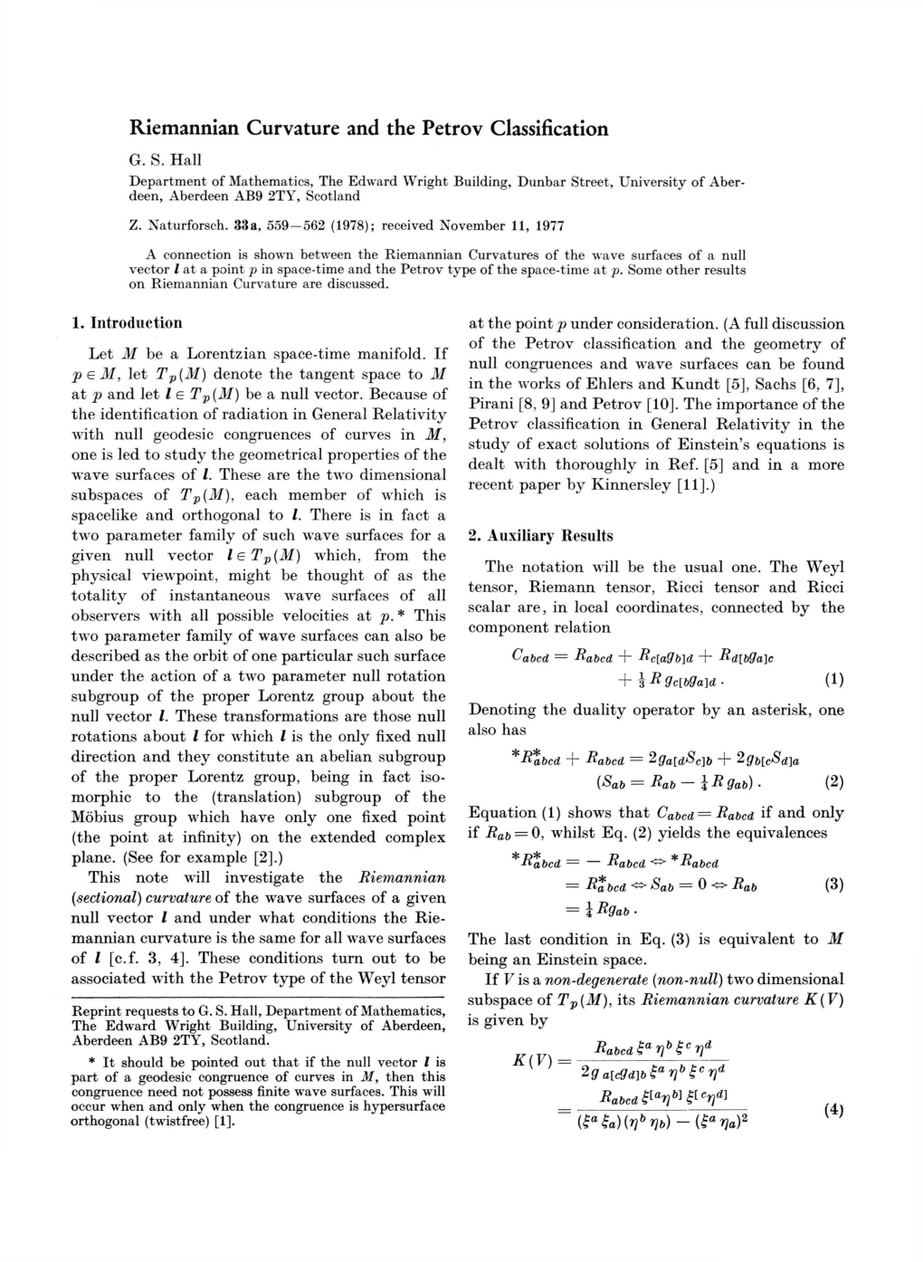 Riemannian Curvature and the Petrov Classification G