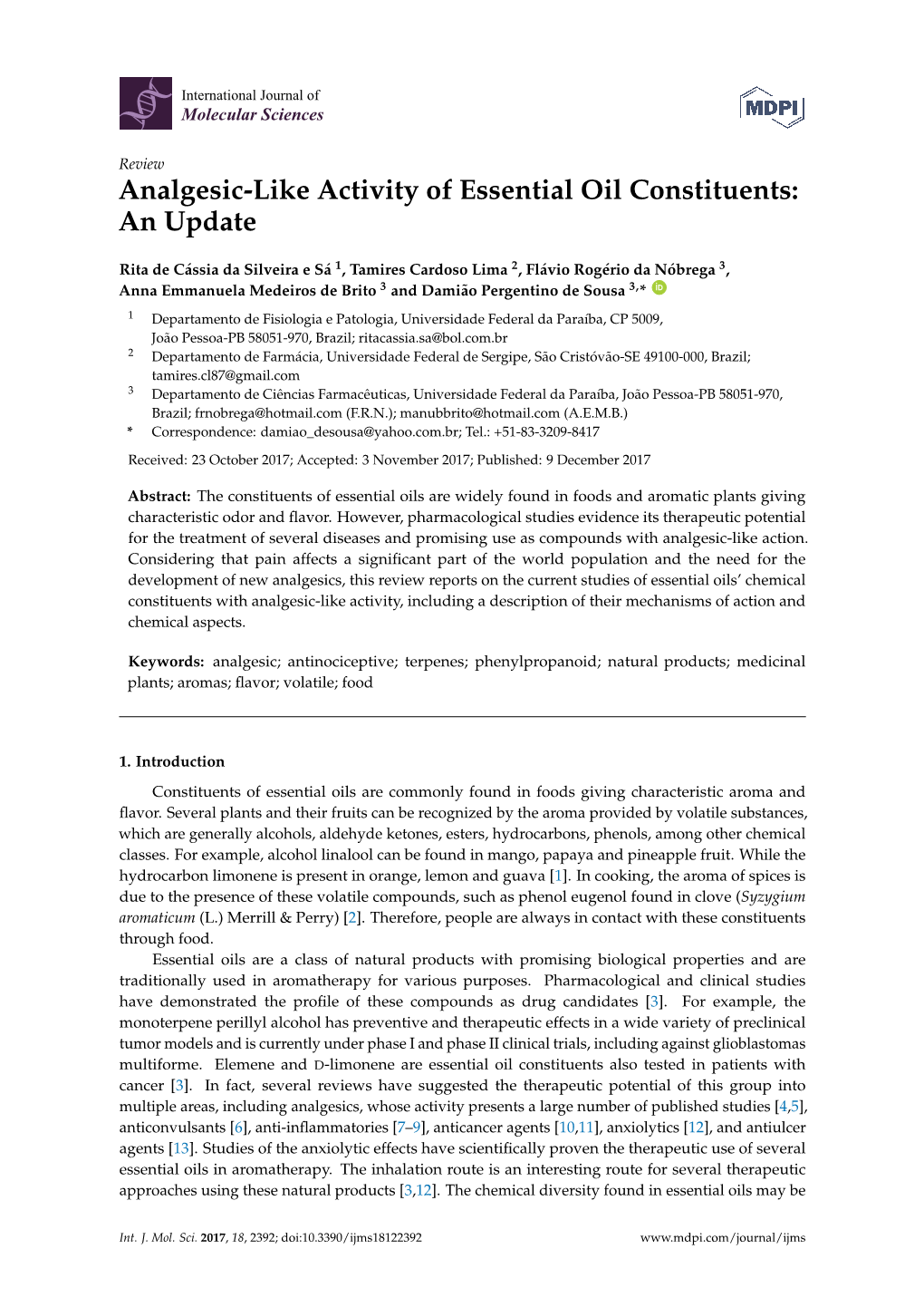 Analgesic-Like Activity of Essential Oil Constituents: an Update