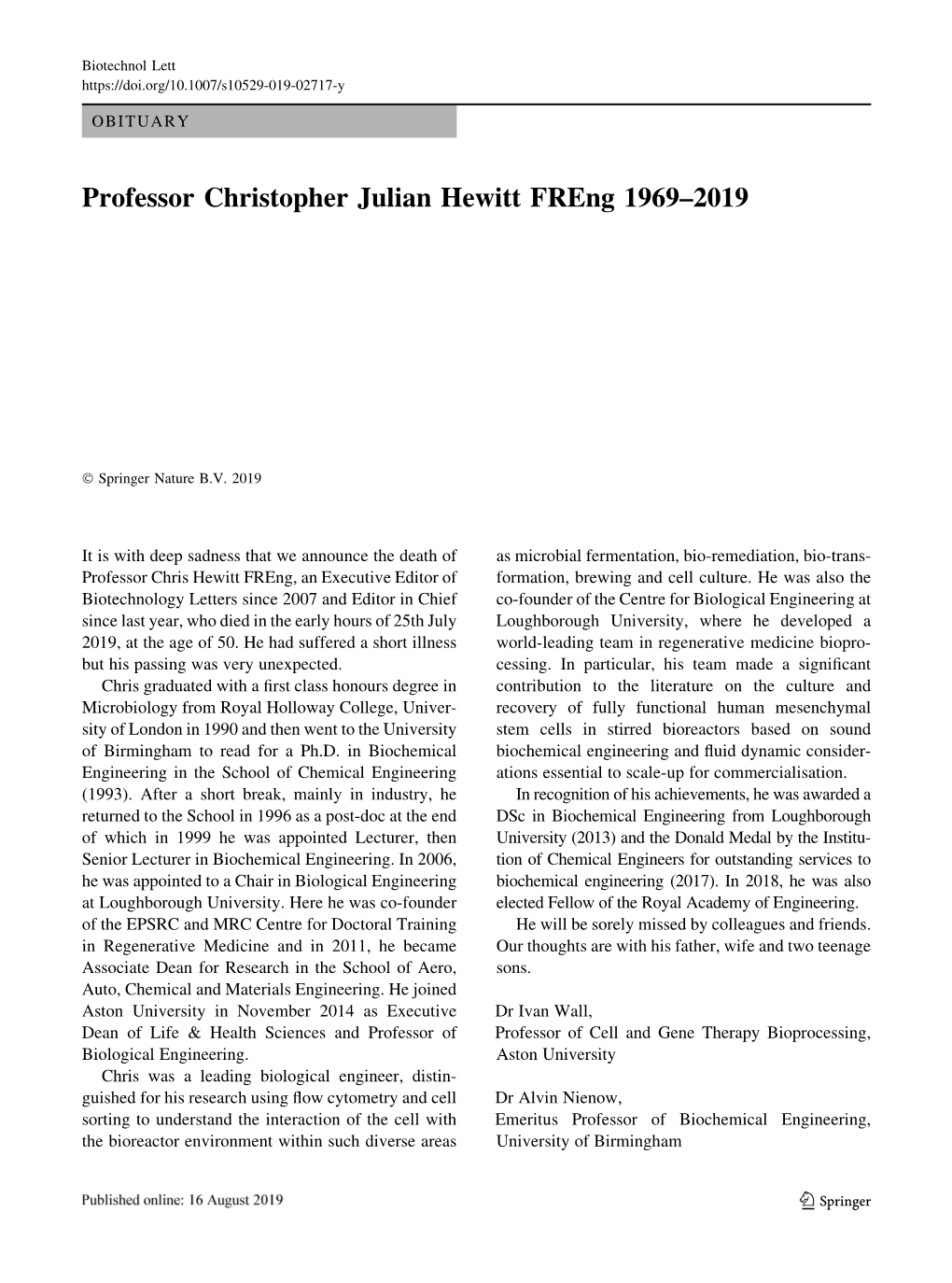 Professor Christopher Julian Hewitt Freng 1969–2019