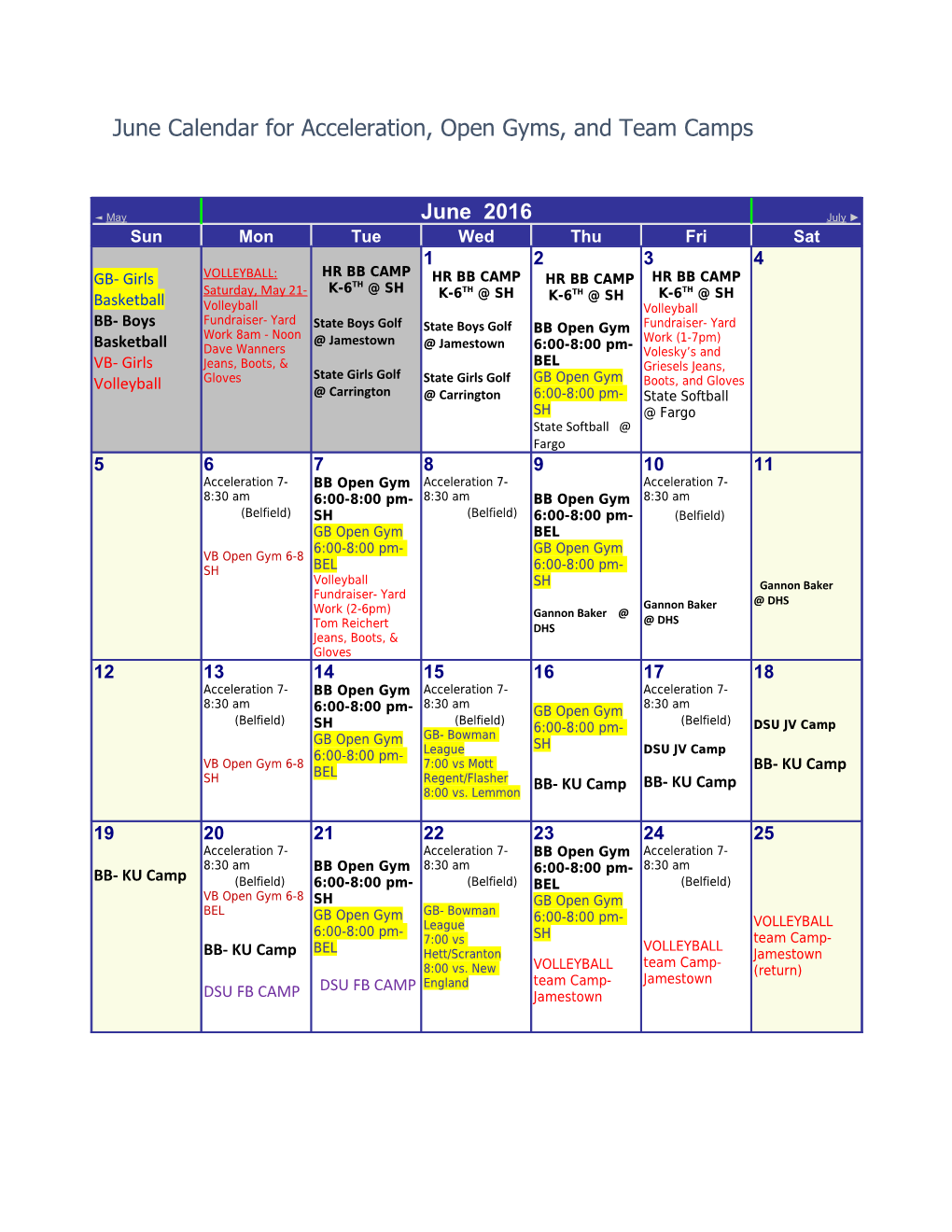 June Calendar for Acceleration, Open Gyms, and Team Camps