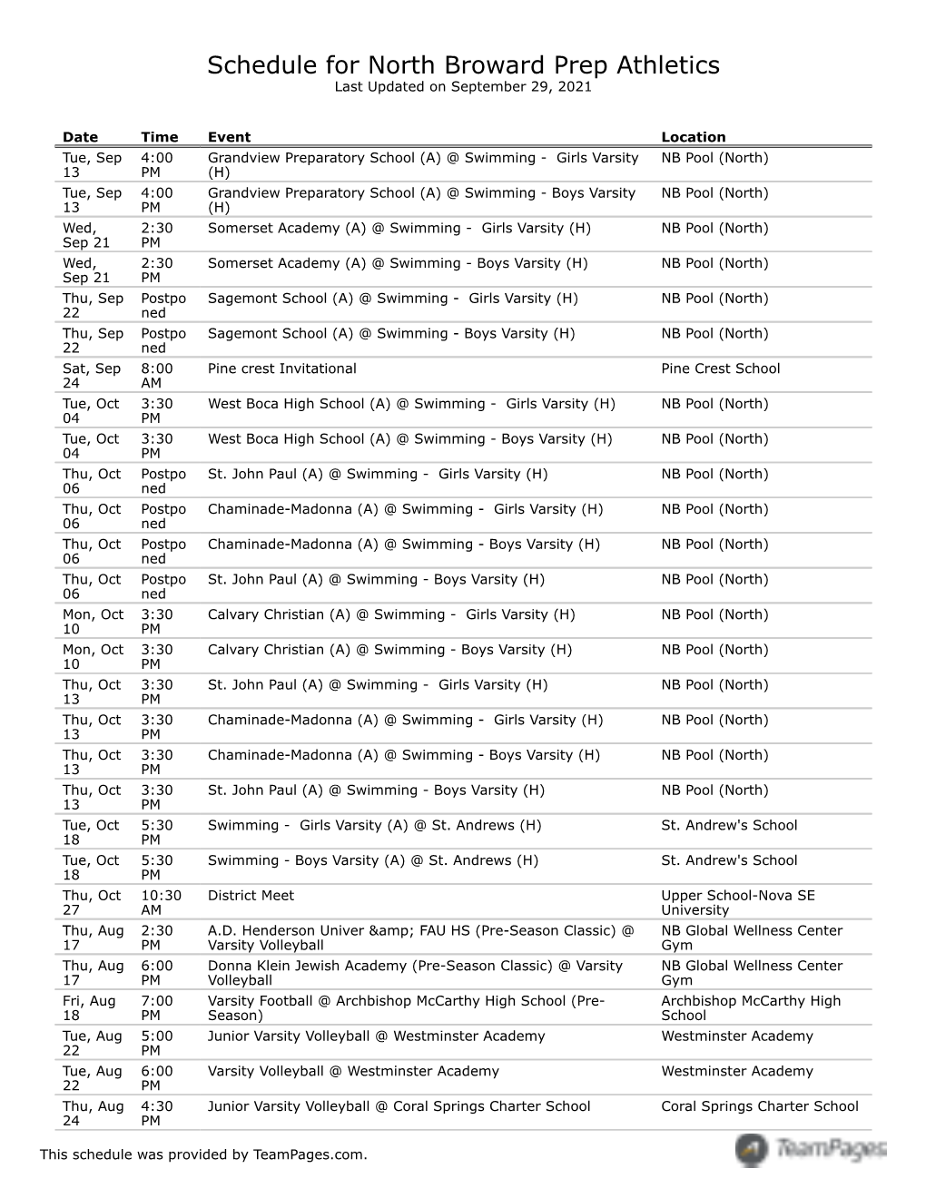 Schedule for North Broward Prep Athletics Last Updated on September 29, 2021