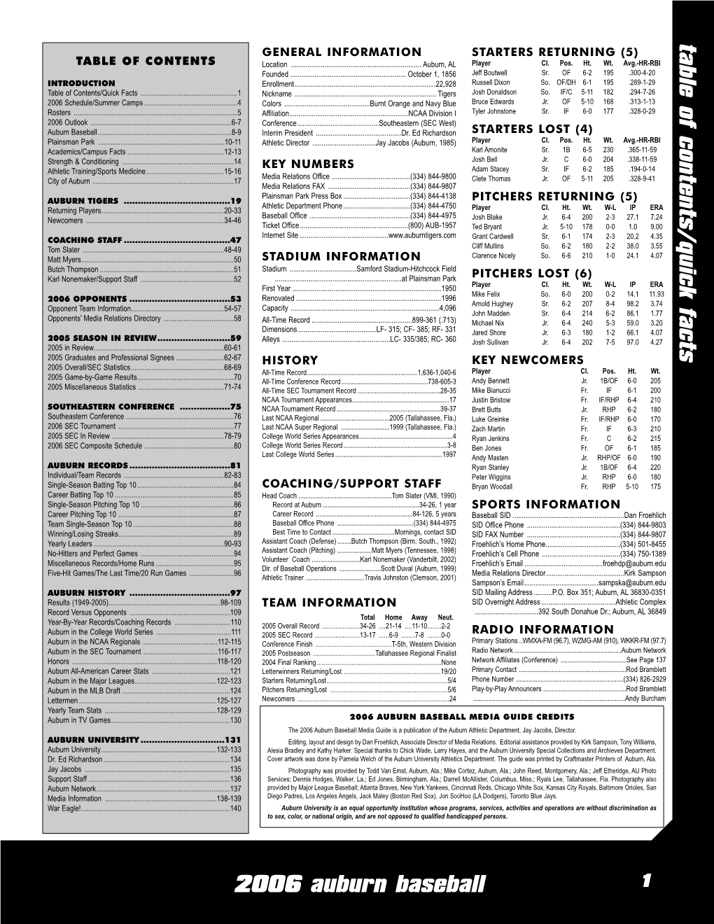 2006 Auburn Baseball Table of Contents/Quick Facts