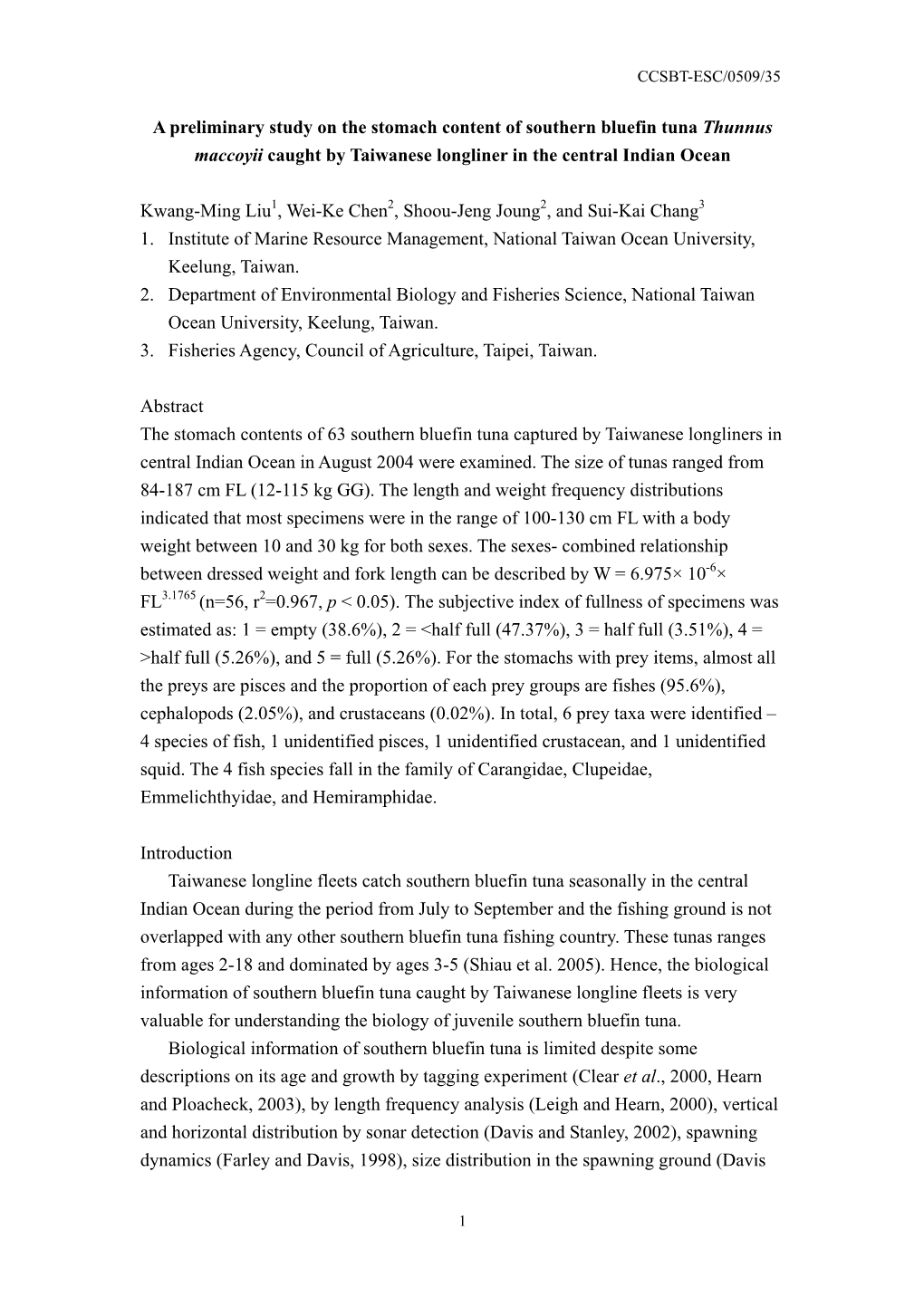 A Preliminary Study on the Stomach Content of Southern Bluefin Tuna Thunnus Maccoyii Caught by Taiwanese Longliner in the Central Indian Ocean