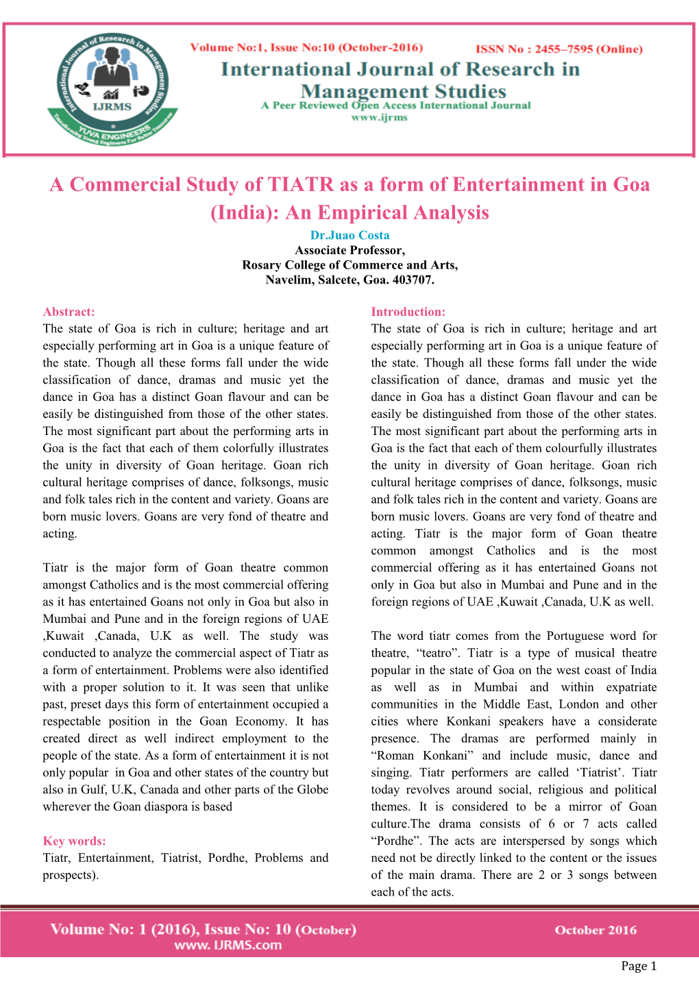 A Commercial Study of TIATR As a Form of Entertainment in Goa (India
