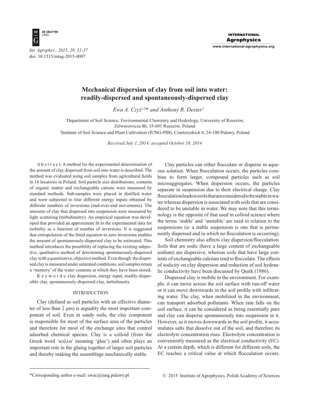 Mechanical Dispersion of Clay from Soil Into Water: Readily-Dispersed and Spontaneously-Dispersed Clay Ewa A