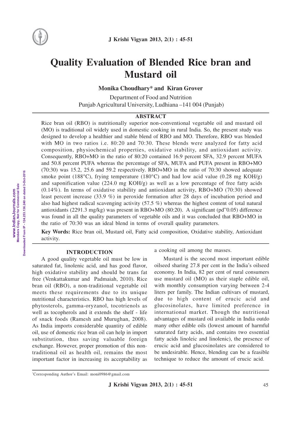 Quality Evaluation of Blended Rice Bran and Mustard