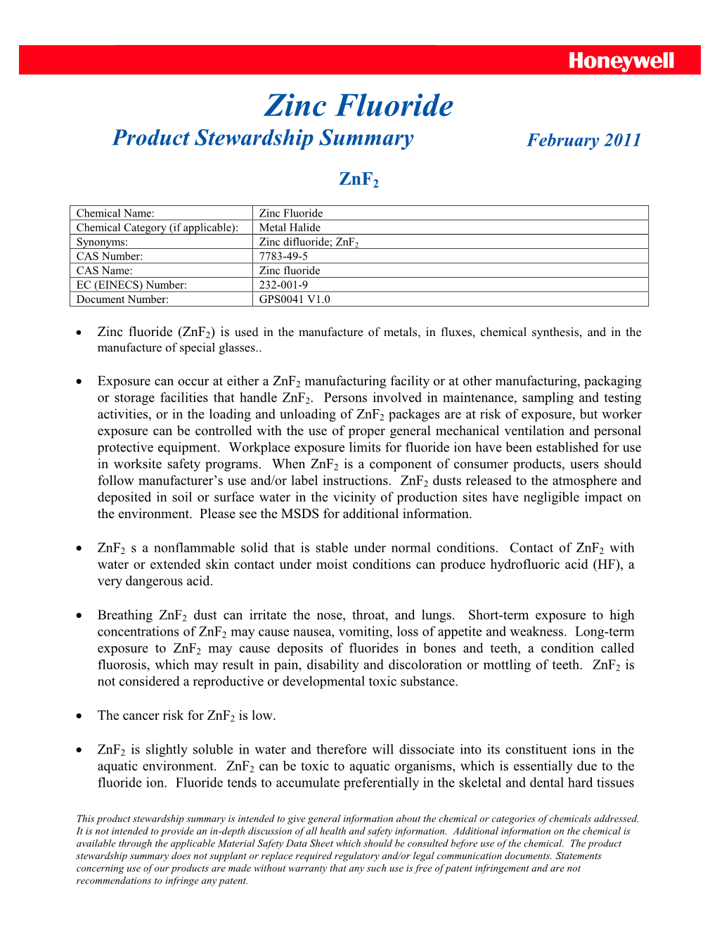 Zinc Fluoride Product Stewardship Summary February 2011