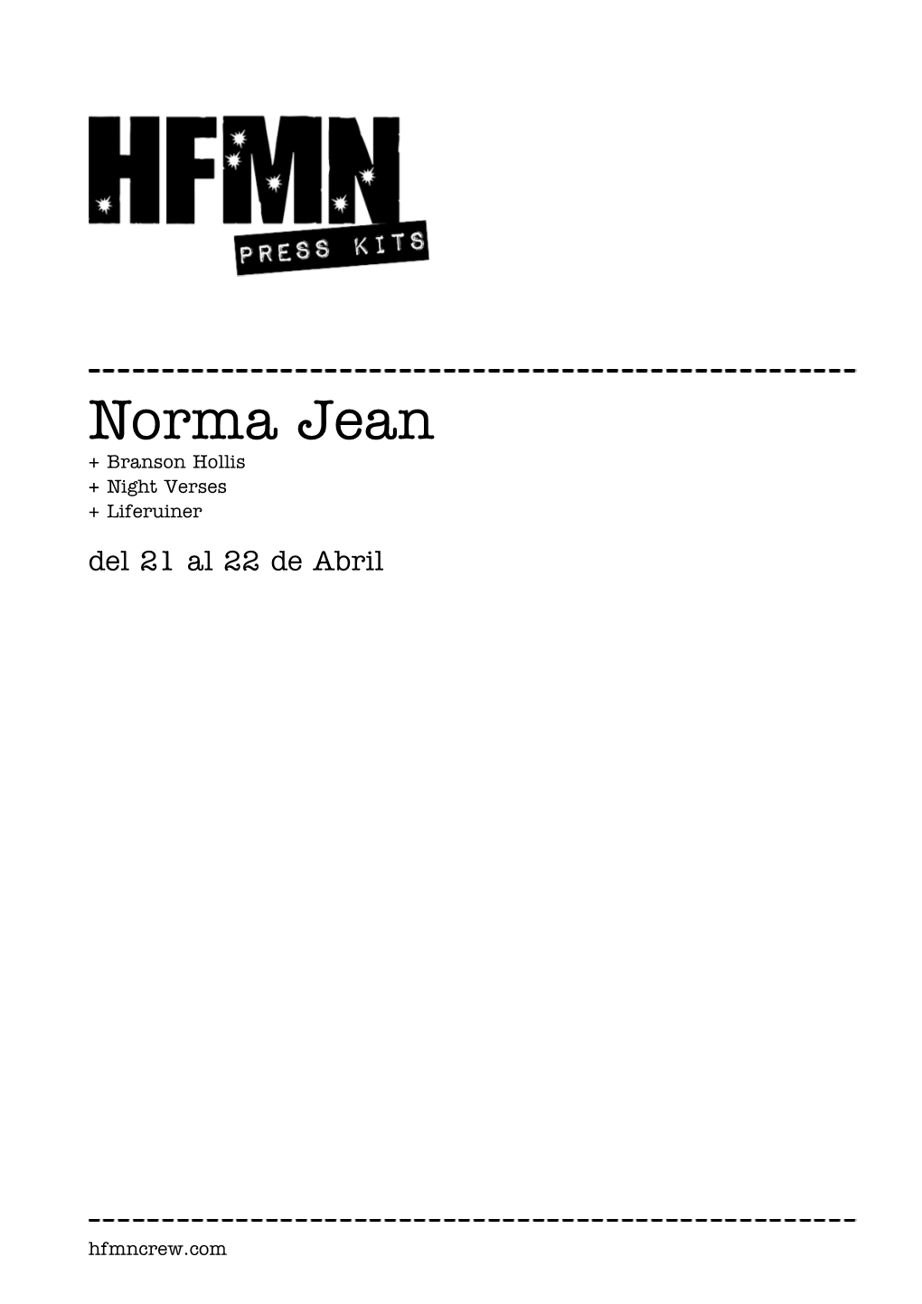 Norma Jean + Branson Hollis + Night Verses + Liferuiner Del 21 Al 22 De Abril