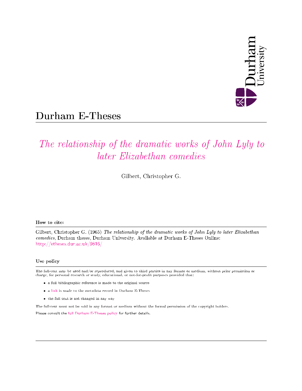 The Relationship of the Dramatic Works of John Lyly to Later Elizabethan Comedies