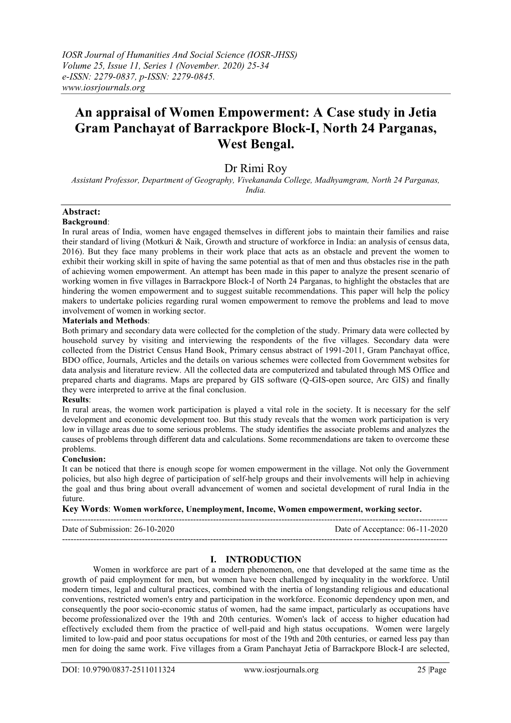 An Appraisal of Women Empowerment: a Case Study in Jetia Gram Panchayat of Barrackpore Block-I, North 24 Parganas, West Bengal