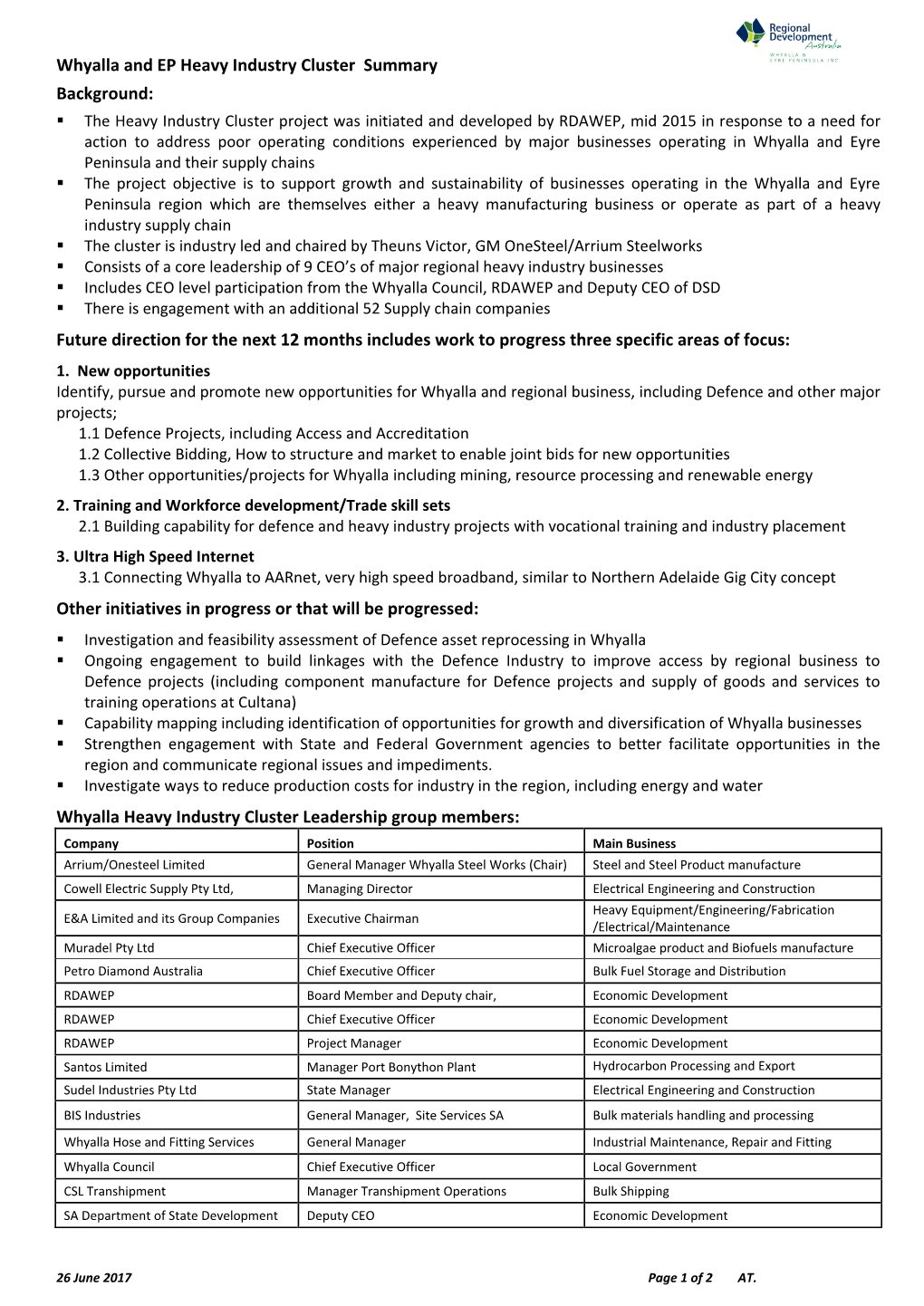 Whyalla and EP Heavy Industry Cluster Summary Background