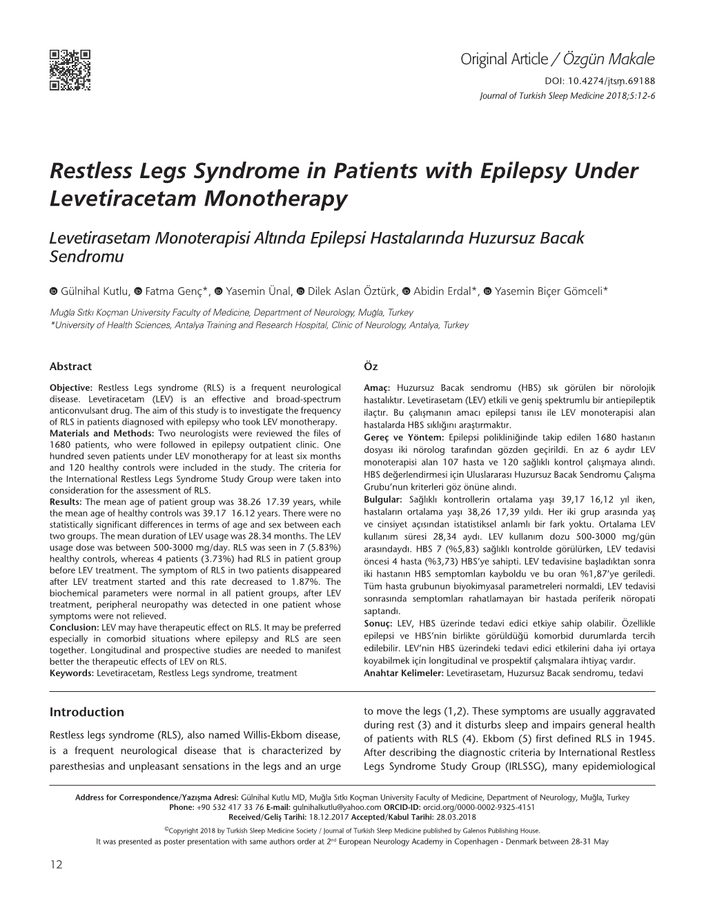 Restless Legs Syndrome in Patients with Epilepsy Under Levetiracetam Monotherapy