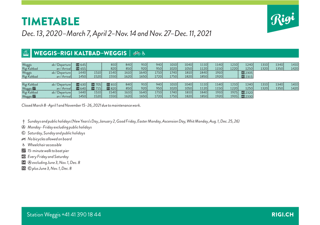 Timetable Aerial Cable Car Weggis