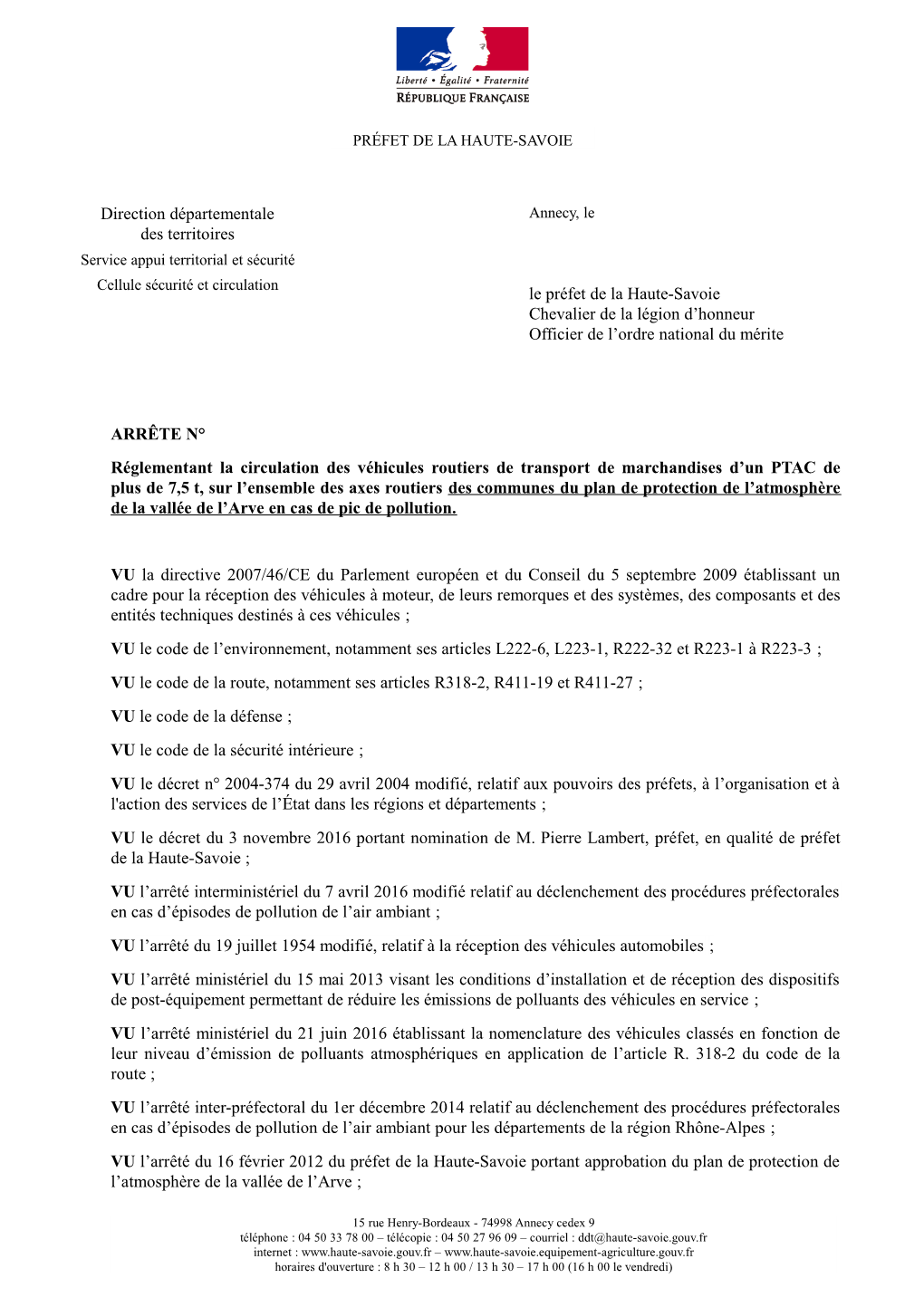 ARRÊTE N° Réglementant La Circulation Des Véhicules Routiers De