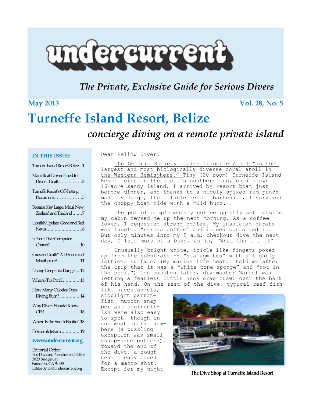 Turneffe Island Resort, Belize + [Other Articles] Undercurrent, May 2013