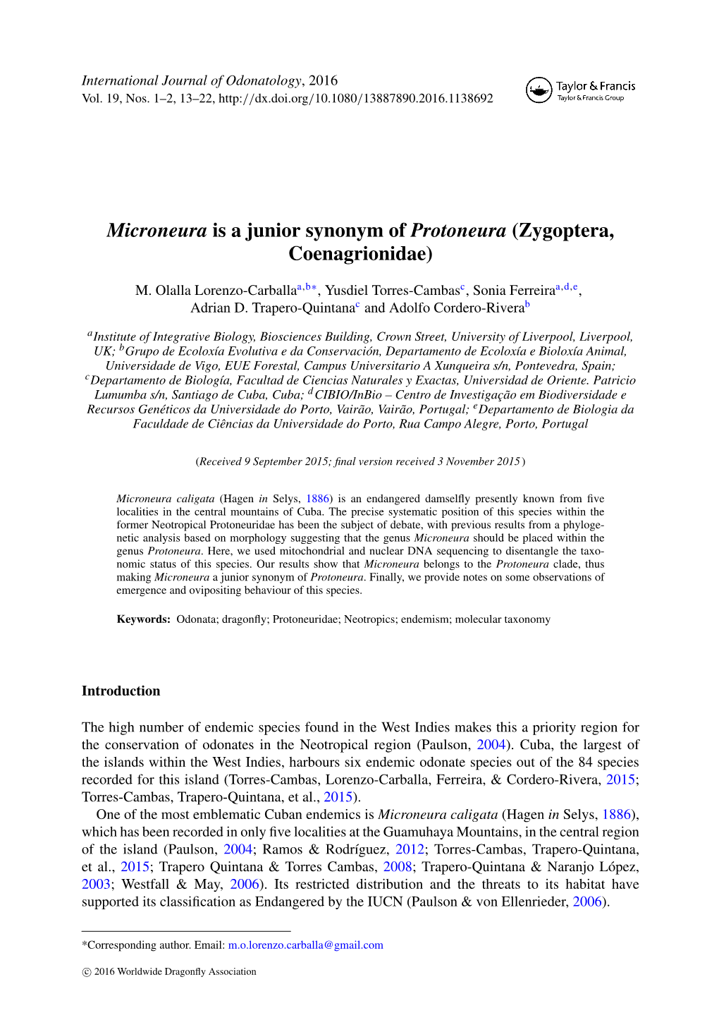 Microneura Is a Junior Synonym of Protoneura (Zygoptera, Coenagrionidae)