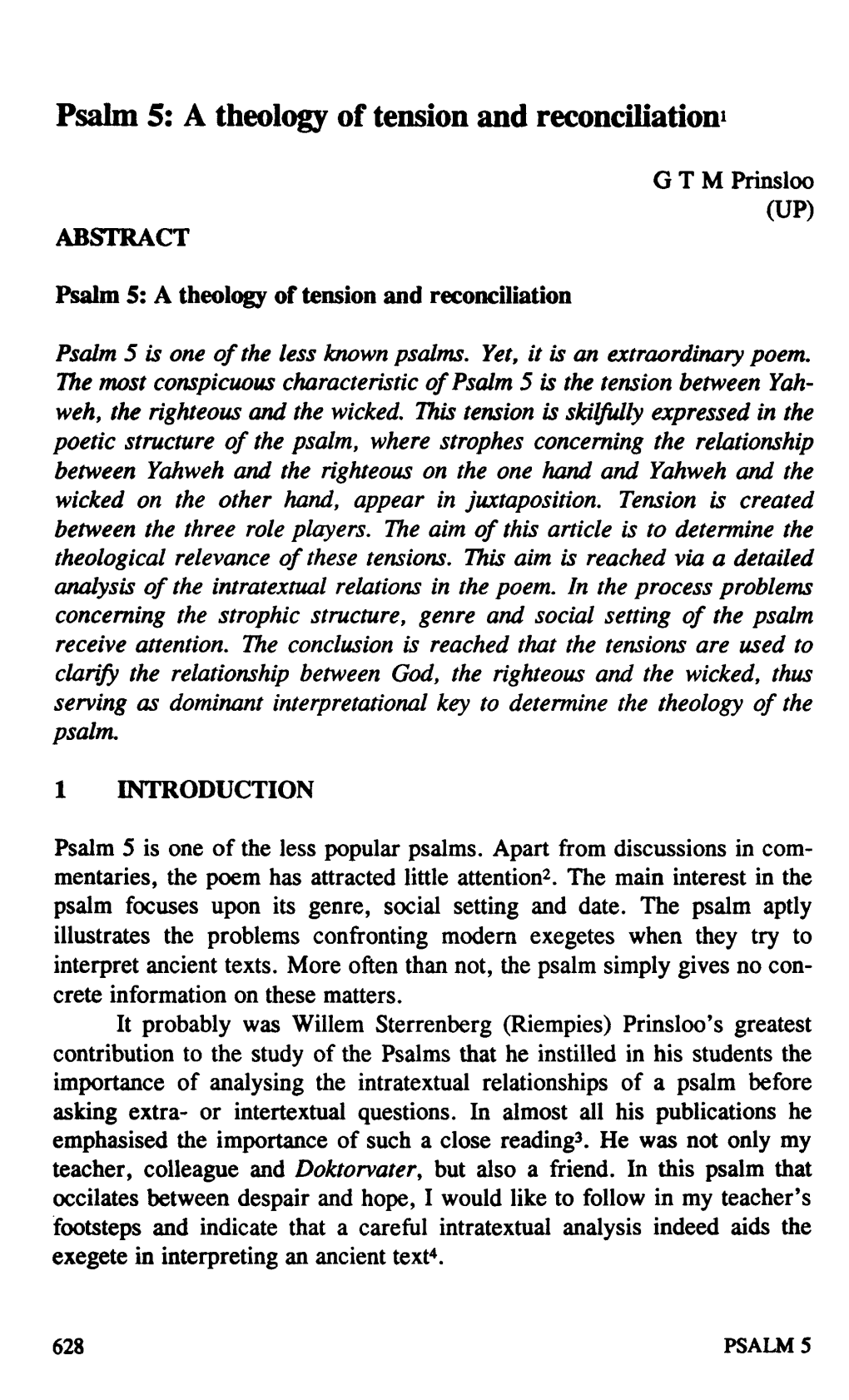 Psalm 5: a Theology of Tension and Reconciliationl