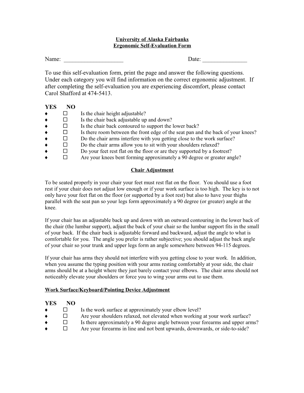 Ergonomic Self-Evaluation Form