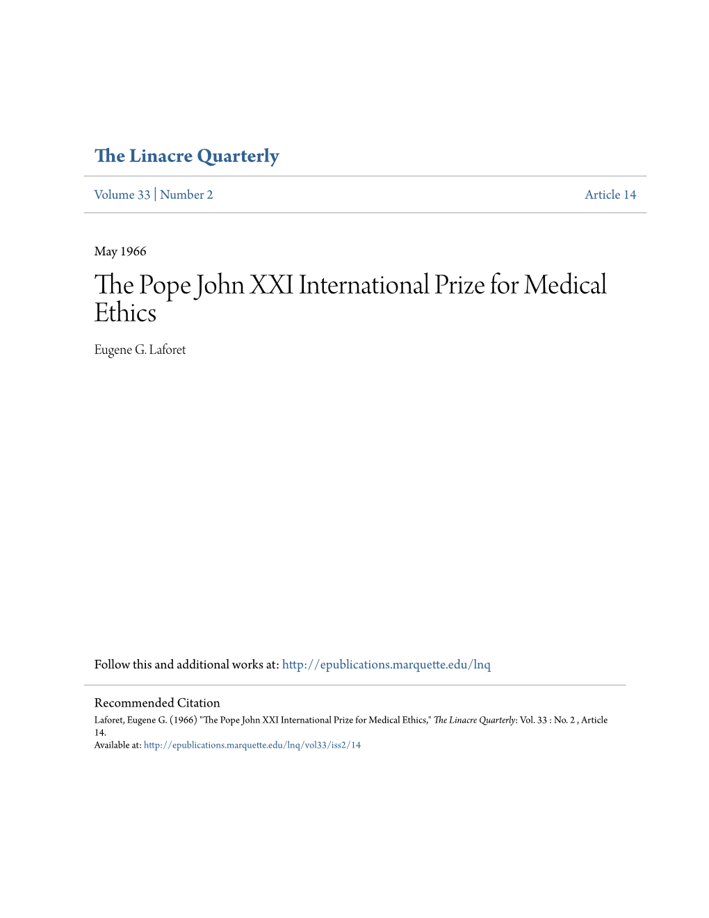 The Pope John XXI International Prize for Medical Ethics