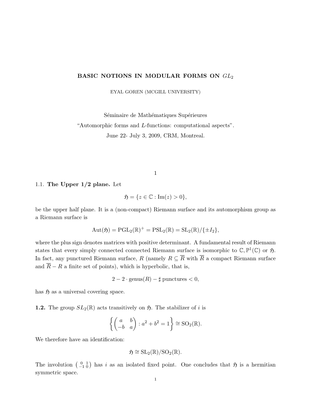 BASIC NOTIONS in MODULAR FORMS on GL Séminaire De