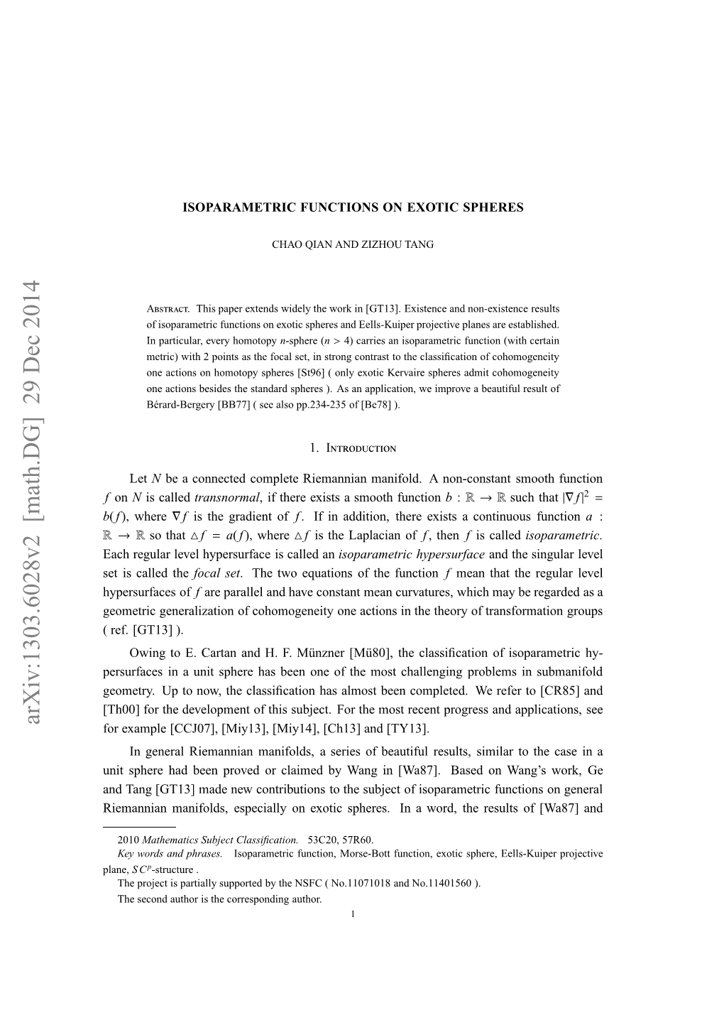 Arxiv:1303.6028V2 [Math.DG] 29 Dec 2014 B Ahrglrlvlhprufc Scle an Called Is Hypersurface Level Regular Each E Scle the Called Is Set E.[T3 )