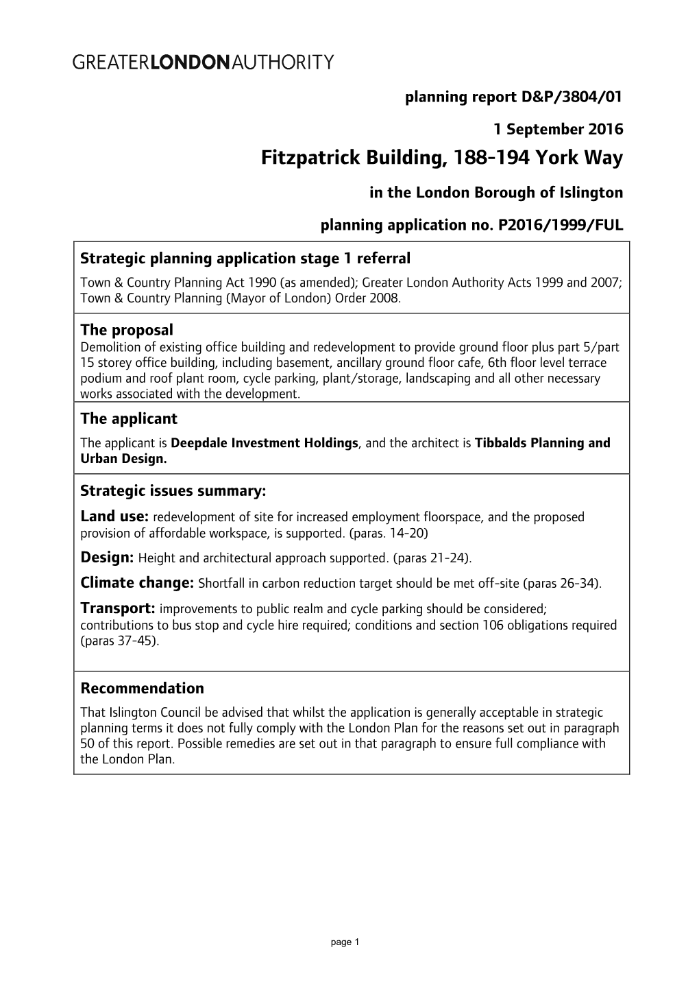 Fitzpatrick Building, 188-194 York Way in the London Borough of Islington Planning Application No