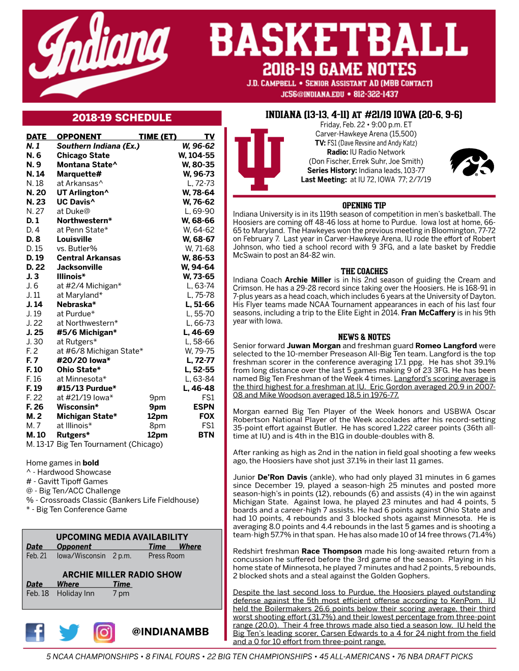 INDIANA (13-13, 4-11) at #21/19 IOWA (20-6, 9-6) Friday, Feb