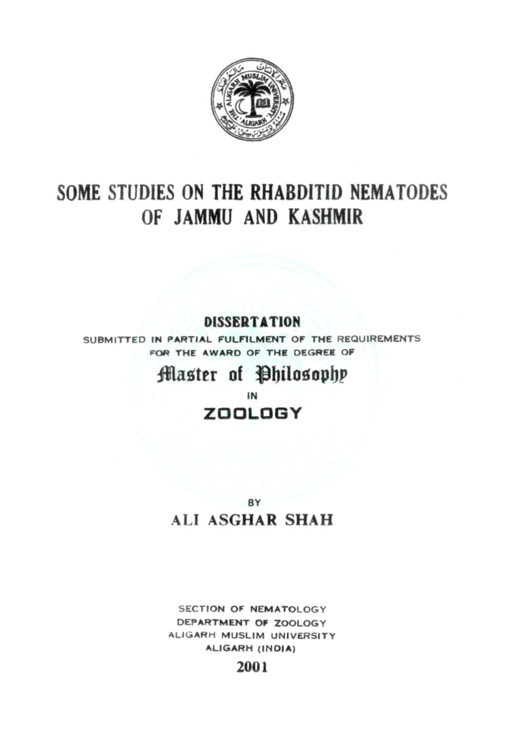 SOME STUDIES on the RHABDITID NEMATODES of JAMMU and KASHMIR M^Ittx of $I)Tlo^Opi)P