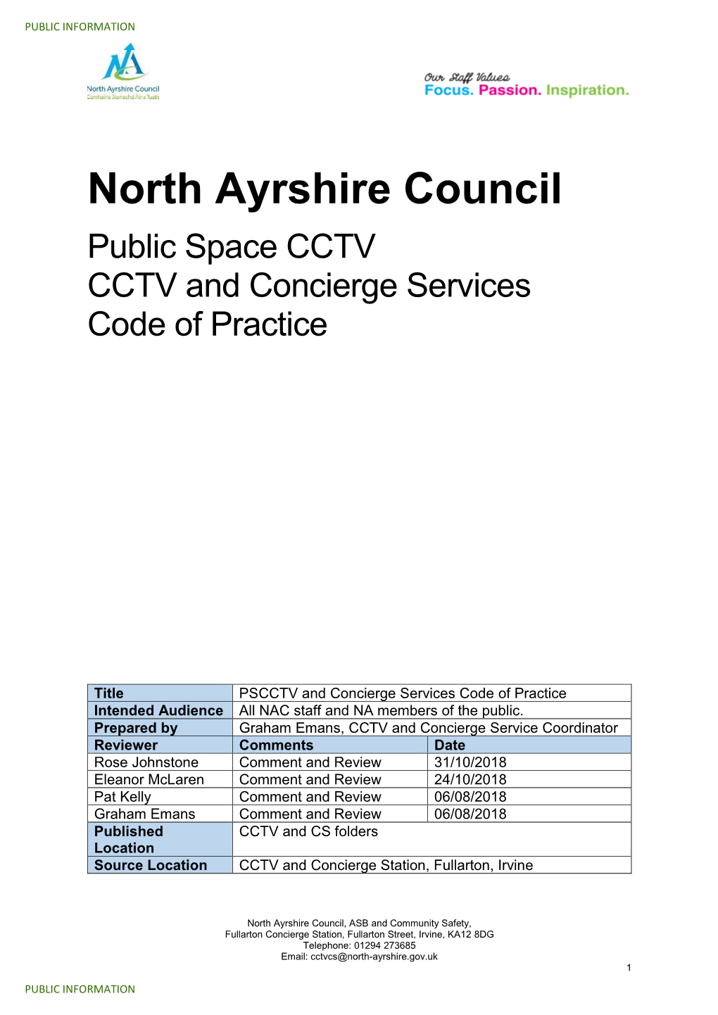 North Ayrshire Council Public Space CCTV CCTV and Concierge Services Code of Practice