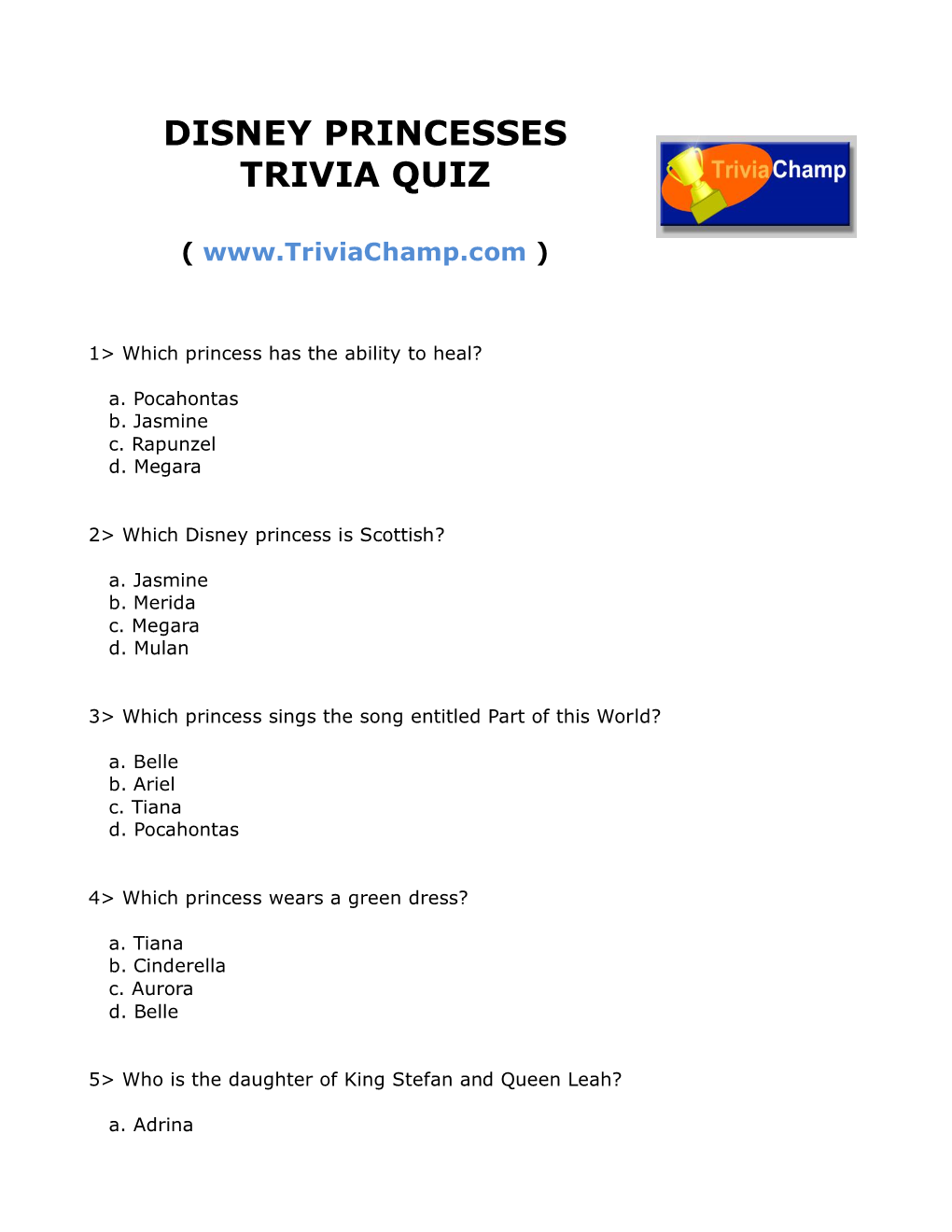 Disney Princesses Trivia Quiz