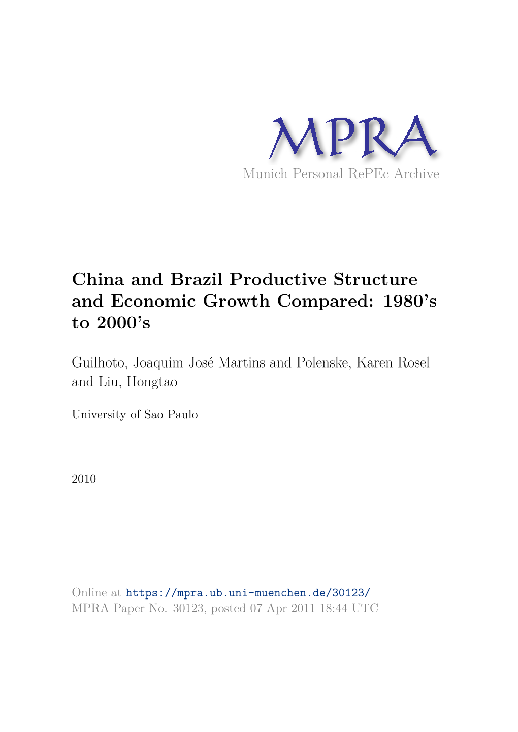 China and Brazil Productive Structure and Economic Growth Compared: 1980’S to 2000’S