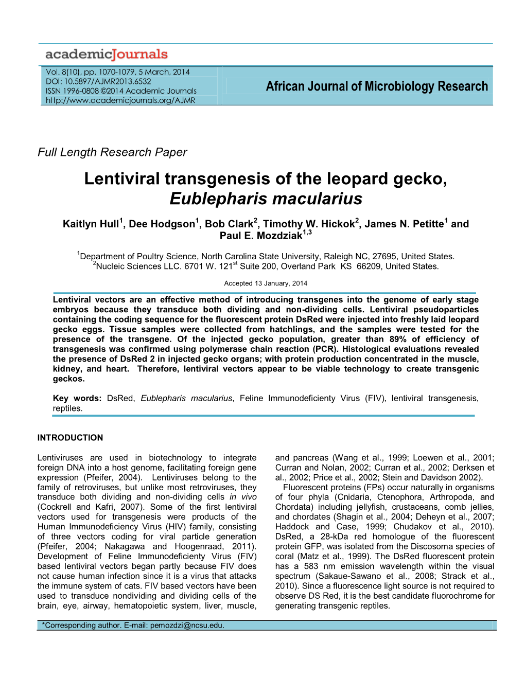 Lentiviral Transgenesis of the Leopard Gecko, Eublepharis Macularius