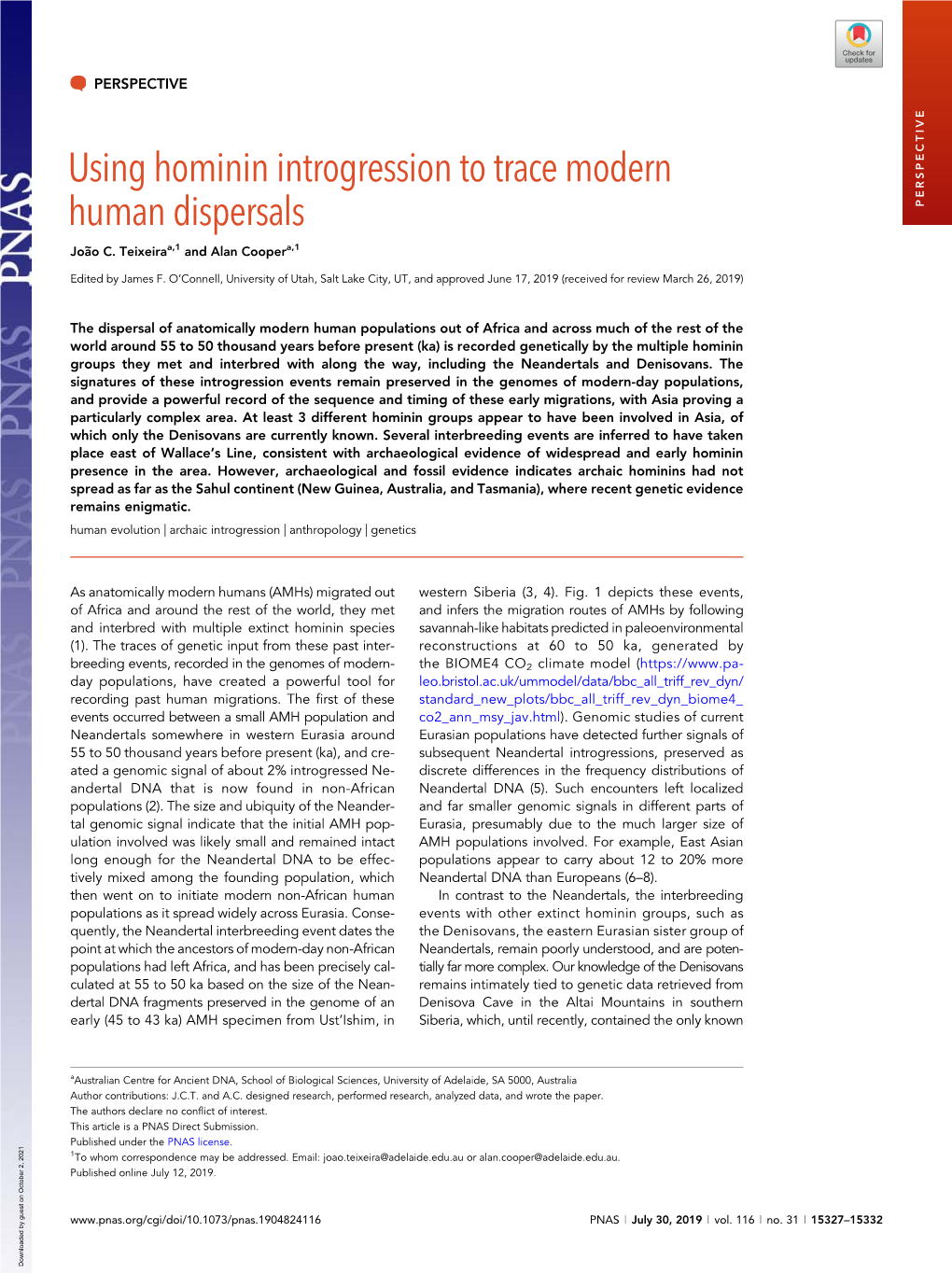 Using Hominin Introgression to Trace Modern Human Dispersals PERSPECTIVE Jo~Ao C