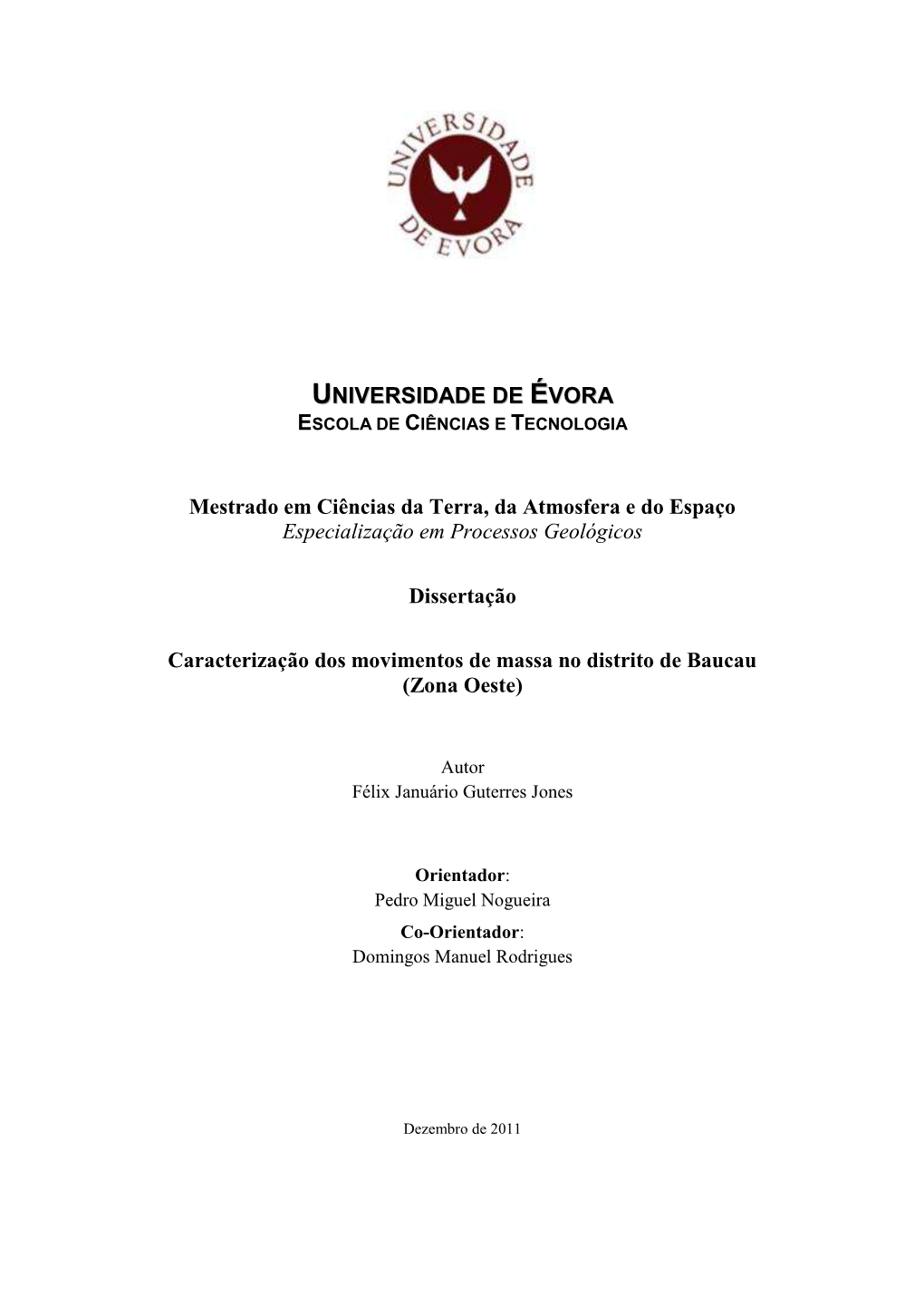 UNIVERSIDADE DE ÉVORA Mestrado Em Ciências Da Terra, Da