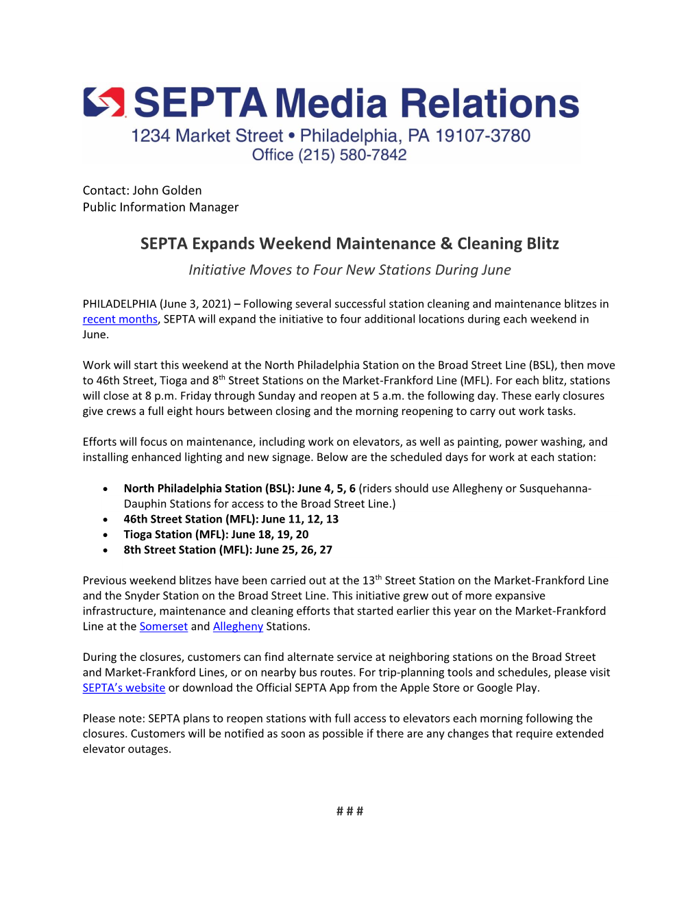 SEPTA Expands Weekend Maintenance & Cleaning Blitz